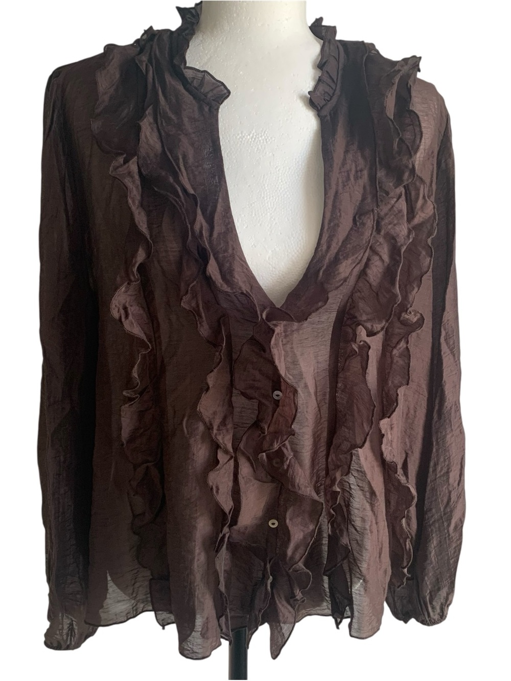 🆕 Zara V‑neck Tunic-top Semi Sheer Ruffles Mother‑of‑pearl Buttons PuffLS BRN XL - Picture 3 of 11